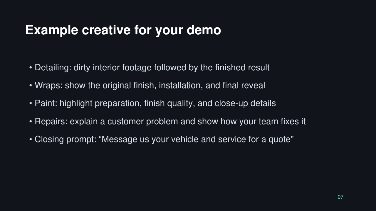Auto shop presentation with example creative concepts