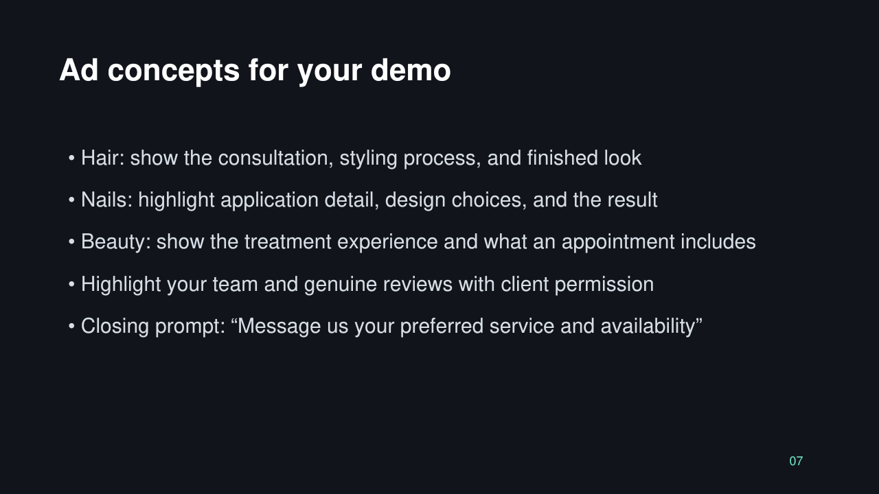 Salon and beauty presentation with ad concepts